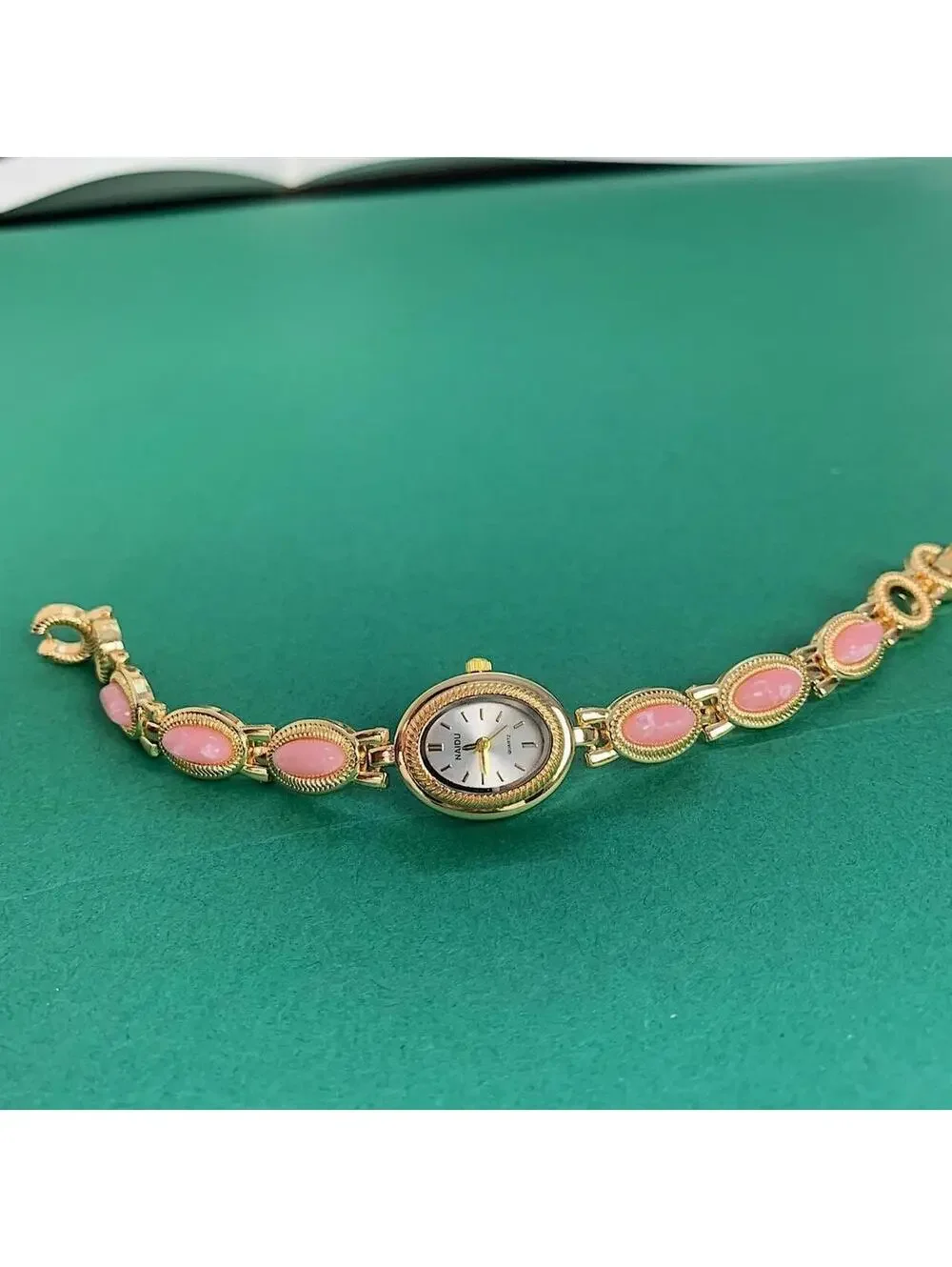 Y2k style Dainty cute Gold style tone quartz watch with pink jade stone opal acc